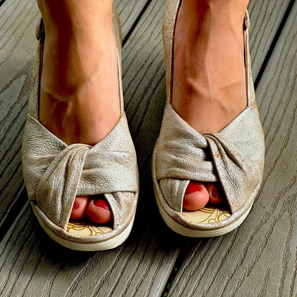 Fly London Yata Pearl leather wedge sandal.